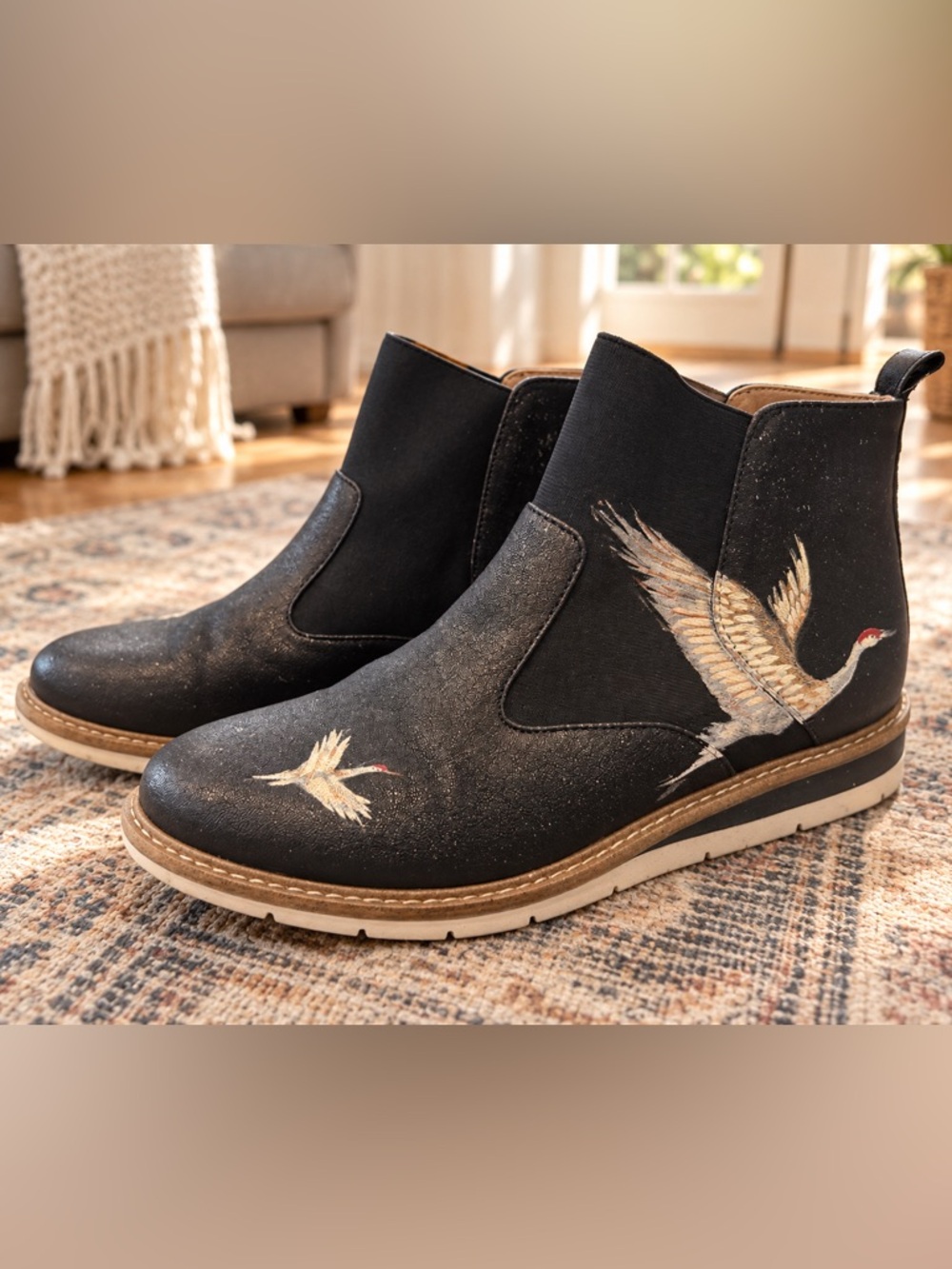 Kelly & Katie Black Ankle Boots with Hand Painted Crane 7